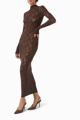 skims lace dress brown SKIMS Fits Everybody Long Lace Corded Slip Maxi Dress Clay size 4X
