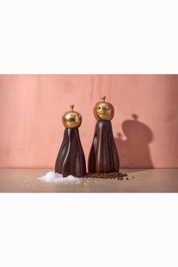 hover state of Haas Fantomes Salt + Pepper Mills Set in Brass & Smoked Oak