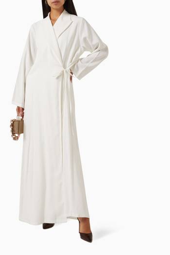 hover state of Peak Lapel Jacket  Abaya with Side Ribbon in Crush Cotton