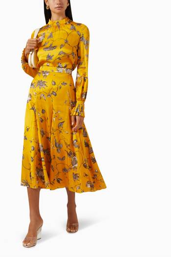 hover state of Floral Pleated Midi Skirt in Viscose Satin