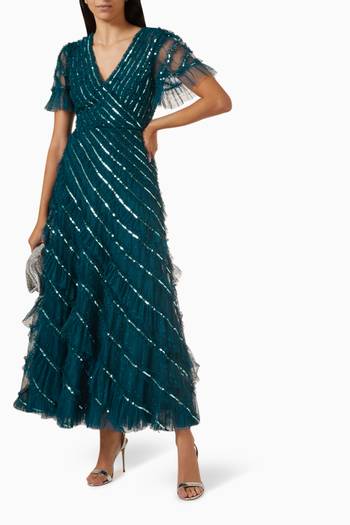 hover state of Spiral Sequin V-neck Ankle Gown in Tulle