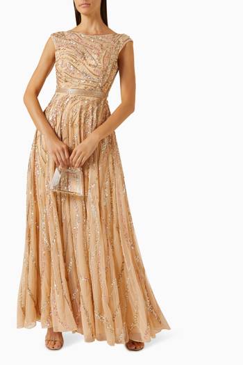 hover state of Embellished Illusion Cap-sleeve Gown in Mesh