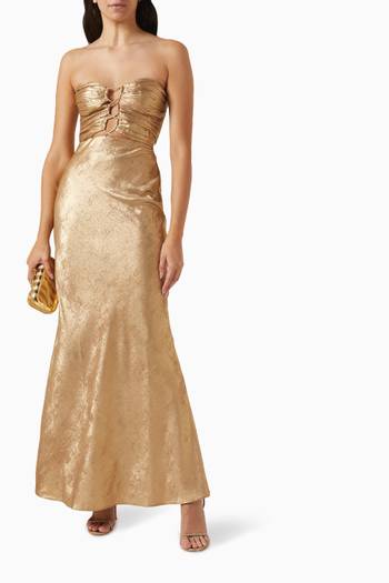 hover state of Royale Strapless Lace-up Maxi Dress in Metallic Satin