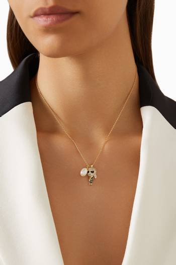 hover state of K/Ikonik Pavé Pendant & Pearl Charm Necklace in Brass