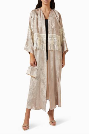 hover state of Tasselled Pearl Abaya in Jacquard-crepe