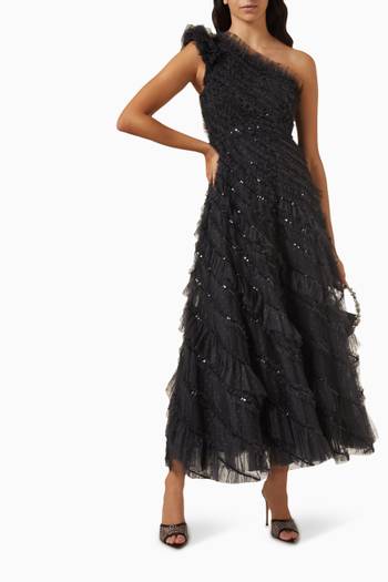 hover state of Spiral Sequin One-shoulder Ankle Gown in Tulle