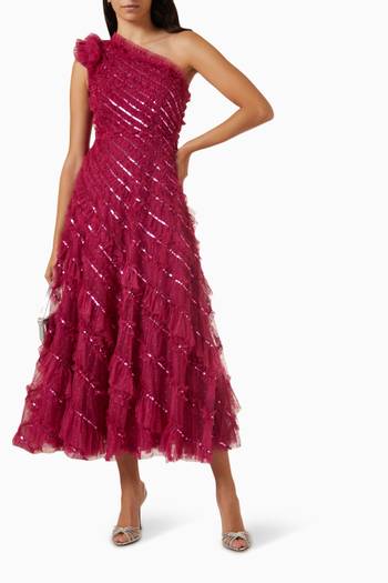 hover state of Spiral Sequin One-shoulder Ankle Gown in Tulle