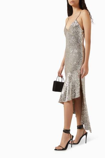 hover state of Asymmetrical Midi Slip Dress in Sequin Tulle