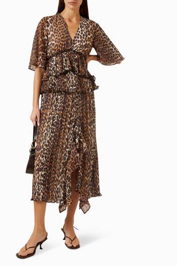 hover state of Leopard-print Flounce Midi Skirt in Pleated Georgette