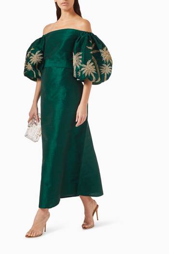 hover state of The Signature Palm Tree Off-shoulder Maxi Dress