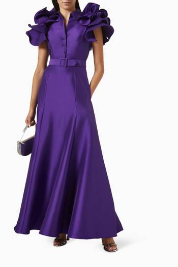 hover state of Belted Ruffle-sleeve Gown in Mikado