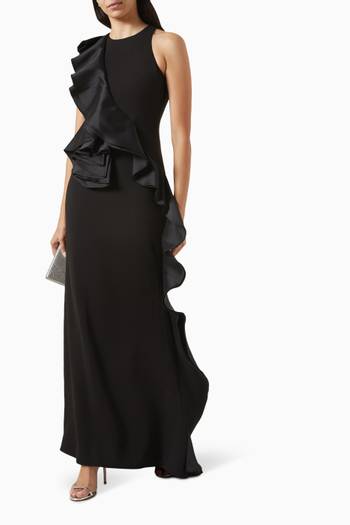 hover state of Ruffle-trim Column Gown in Stretch Crepe
