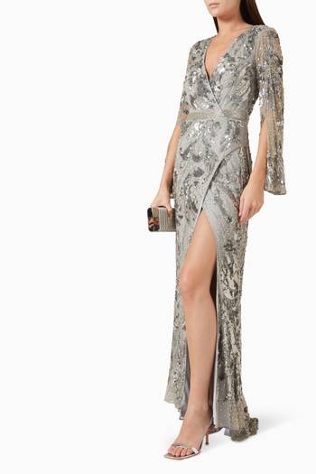 hover state of Sequin-embellished Faux Wrap Maxi Gown in Mesh