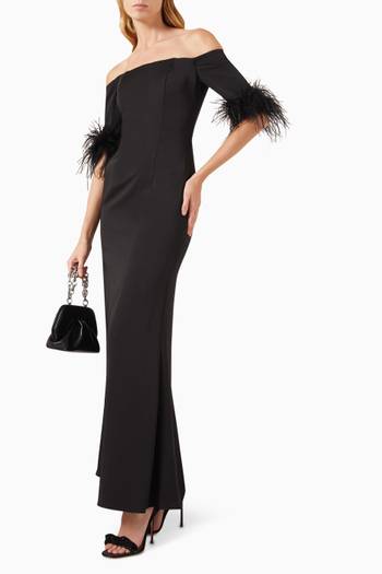 hover state of Feather-trim Off-shoulder Column Gown in Taffeta