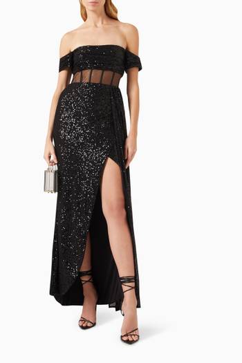 hover state of Sheer Corset Waist Gown in Sequins