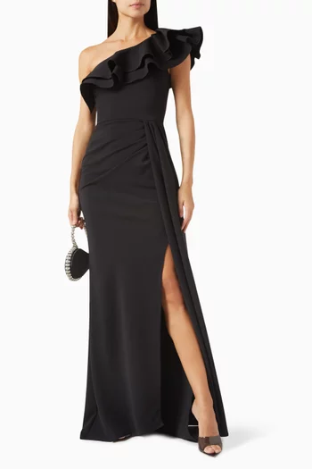 Ruffled One-shoulder Gown in Stretch Crepe