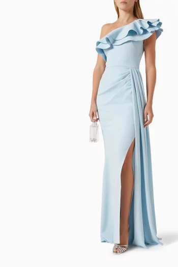 Ruffled One-shoulder Gown in Stretch Crepe