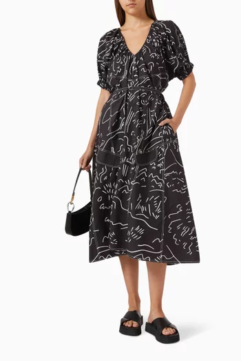 Abstract Print Midi Dress in Cotton