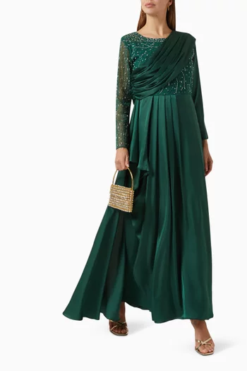 Embellished Pleated Maxi Dress in Satin
