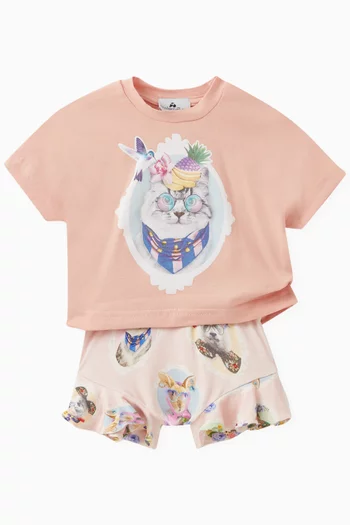 Cropped Cat-print T-shirt in Cotton