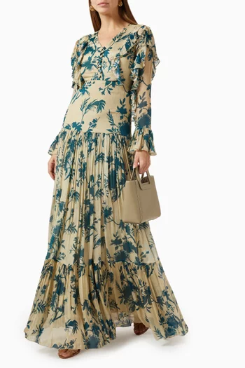 Floral-print Frilled Maxi Dress in Chiffon