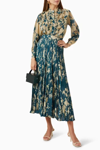 Floral-print Pleated Midi Skirt in Chiffon