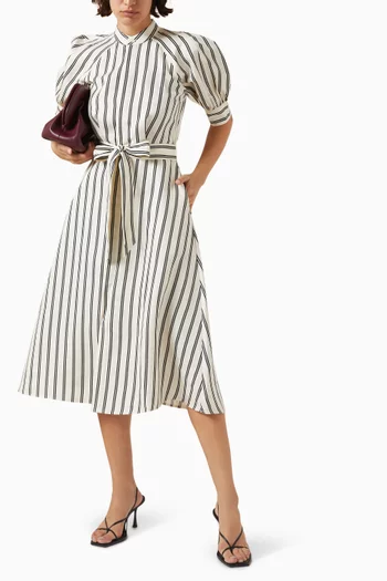 فستان سيسي مخطط بتصميم قميص متوسط الطول قطن