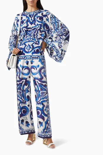 Majolica-print Kimono-sleeve Top in Silk-charmeuse