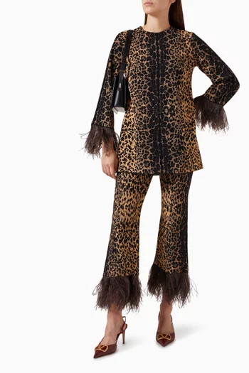 Feather-trimmed Top in Animal-print Jacquard