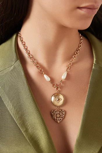 Prestige Feminine Pearl & Crystal Heart Long Necklace in 14kt Gold-plated metal