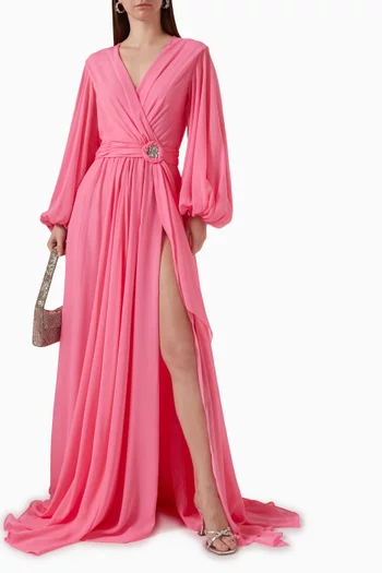 Blouson-sleeve Belted Gown in Chiffon