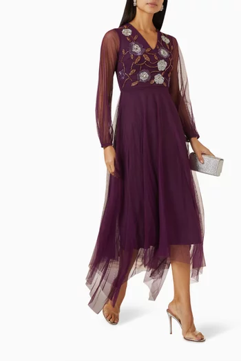 Embellished Hanky-hem Midi Dress in Tulle