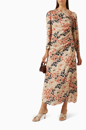Abstract-print Ruched Midi Dress in Satin