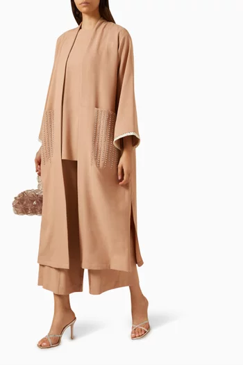 4-piece Embellished Abaya Set in Cotton Linen