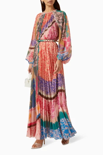 Printed Pleated Maxi Dress in Chiffon