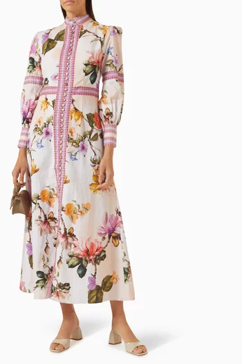 Floral-print Buttoned Maxi Dress in Linen