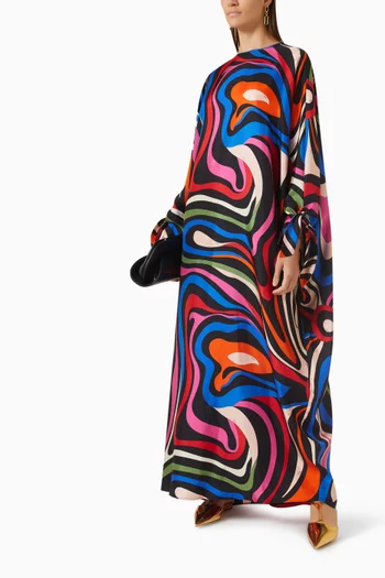 Marmo Print Maxi Kaftan Dress in Silk-Twill