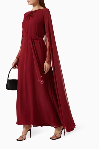 Cape-sleeve Maxi Dress in Chiffon & Lace