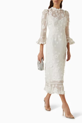 Matchmaker Floral-applique Midi Dress in Silk-linen Organza