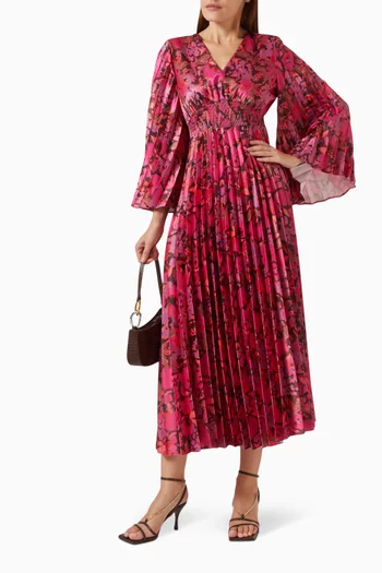 Floral-print Pleated Midi Dress in Satin