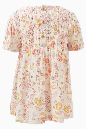 Paisley-print Shirred Dress in Organic Cotton-muslin