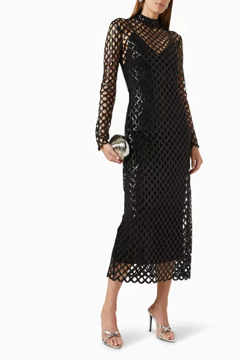 فستان آيناز متوسط الطول بتصميم خلية النحل قماش شبكي مطرز بالترتر