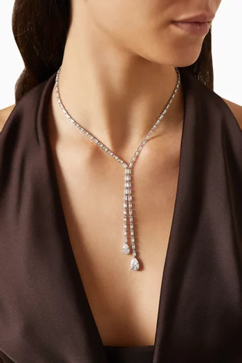 Baguette Pear Drop Y Necklace in Rhodium-plated Brass