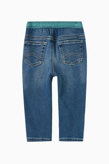 بنطال جينز بحزام خصر بشعار الماركة قطن