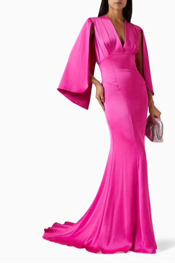 Cape-style Sleeves Maxi Dress in Satin