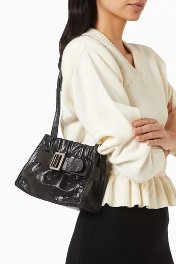 Mini Square Scrunchy Soft Bag in Croc-Embossed Leather