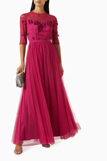 Embellished 3D floral Applique Maxi Dress in Tulle