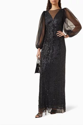 Sequin-embellished Blouson-sleeves Maxi Dress