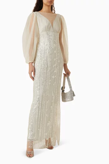 Sequin-embellished Blouson-sleeves Maxi Dress