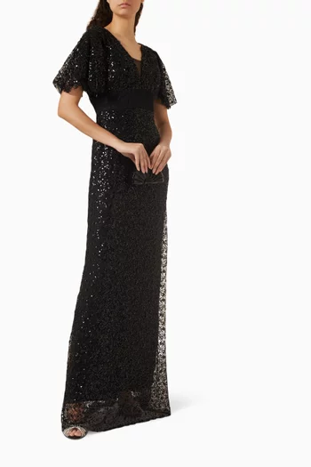 Sequin-embellished Flared-sleeves Maxi Dress